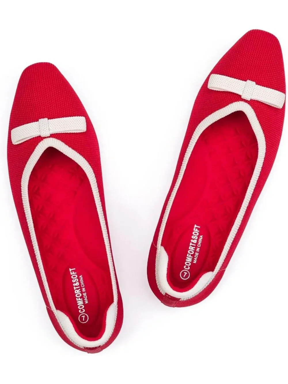 Frank Mully Women's Red White Rubber Knit Squared Toe Bow Slip On Ballet Flats